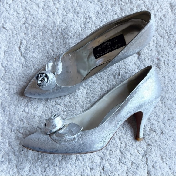 Stuart Weitzman for Mr. Seymour VTG Metallic Silver Rosette Vamp High Heels 10B - Picture 1 of 10